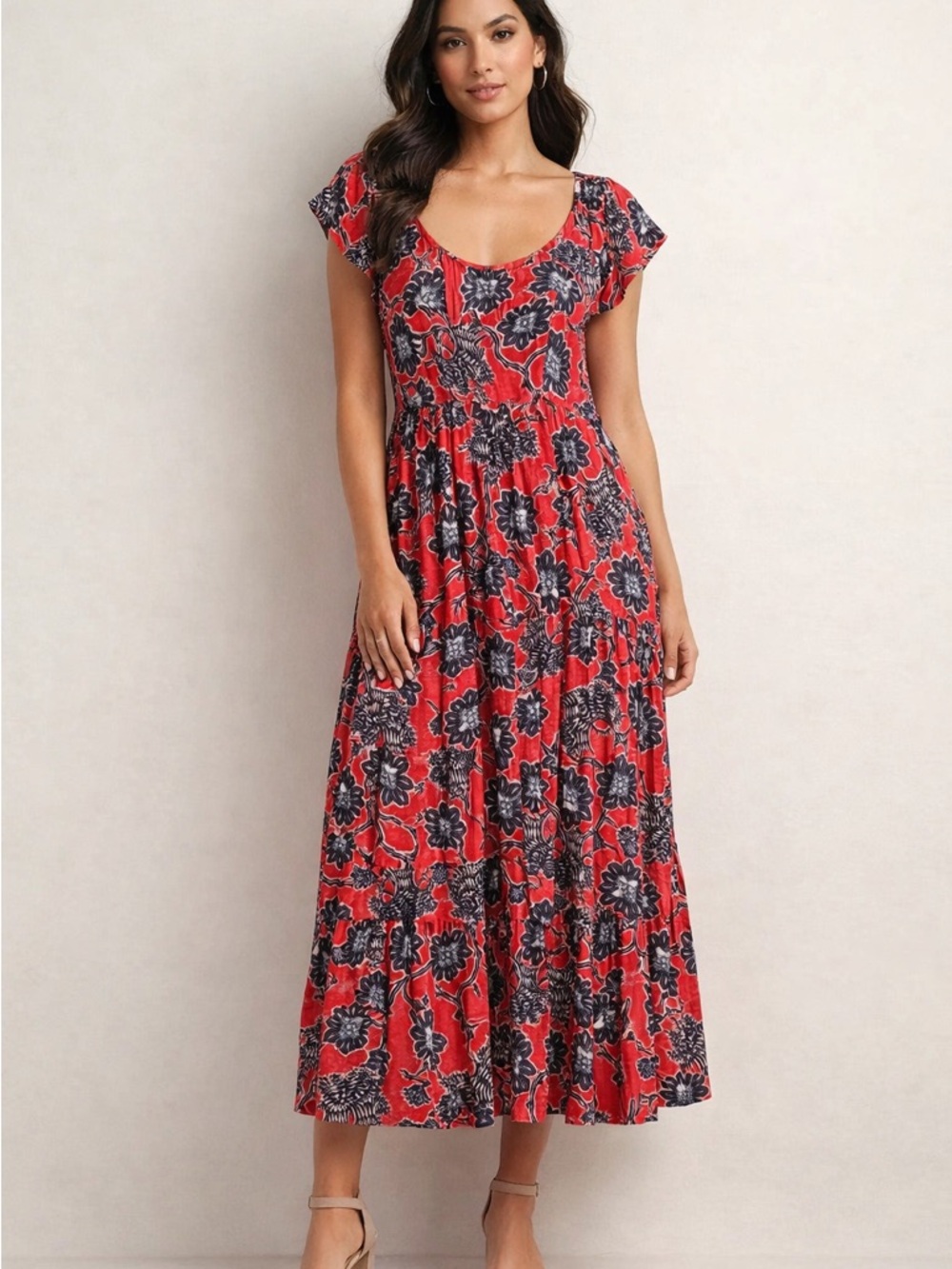 Knox Rose Red Floral Scoop-Neck Maxi Dress with Black Print